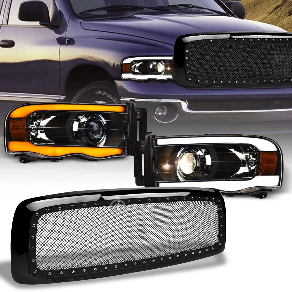 Switchback Sequential 02-05 Ram Blk LED Tube Pro Headlights+Rivet Mesh Grill