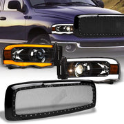 Switchback Sequential 02-05 Ram Blk LED Tube Pro Headlights+Rivet Mesh Grill