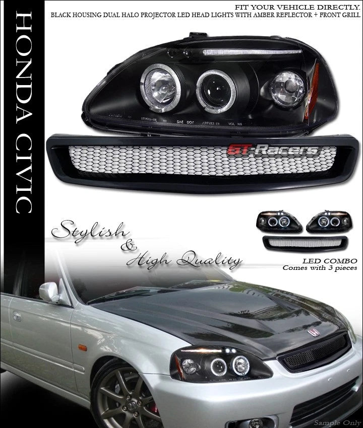 Black Halo Drl Led Projector Headlights Signal+R Mesh Grille Am 99-00 Civic