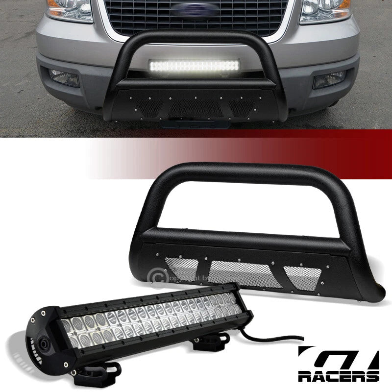 2004-2023 Ford F150 Textured Black Studded Mesh Bull Bar+120W CREE LED Light
