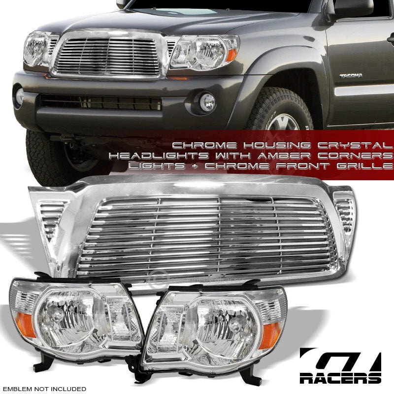 2005-2011 Toyota Tacoma Chrome Headlight Signal Amber+Horizontal Hood Grille