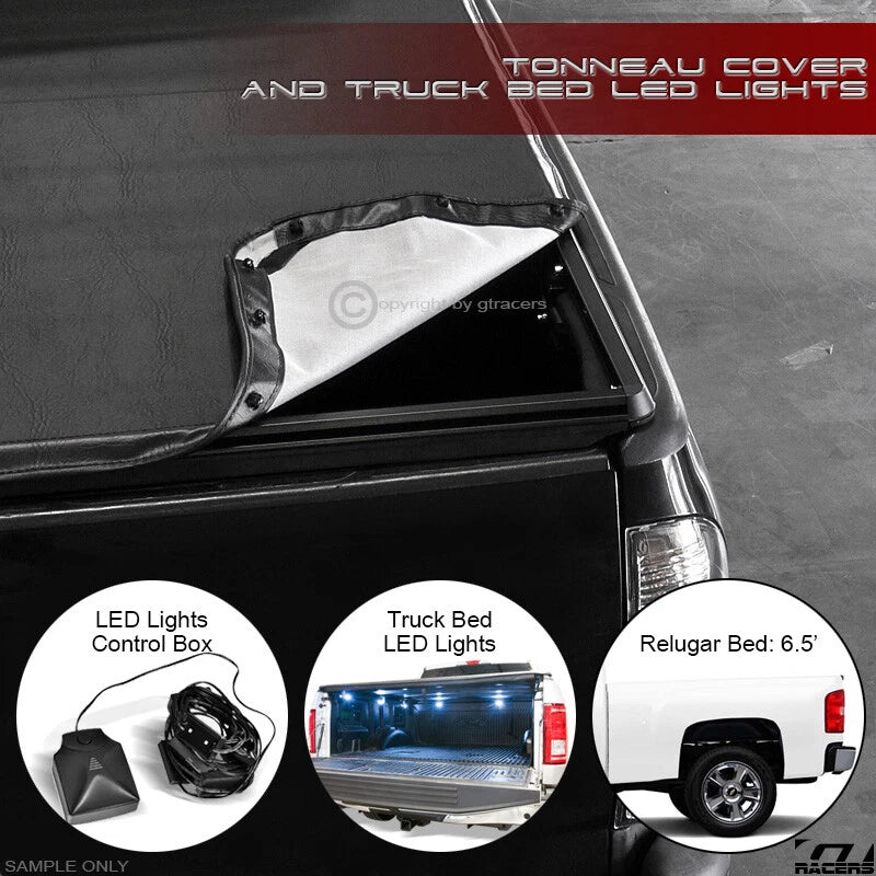 2007-2014 Silverado/Sierra 6.5 Ft Truck Bed Snap-On Tonneau Cover+LED Lights