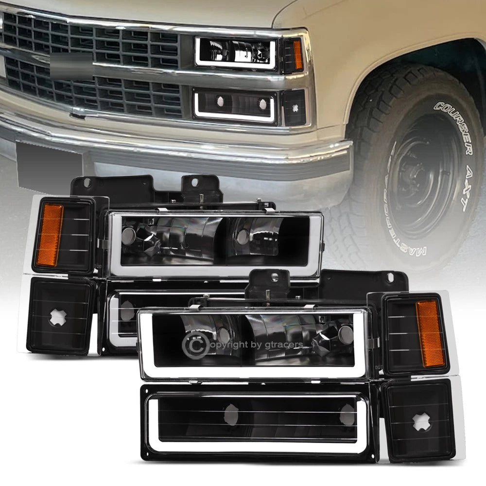 1994-2000 Chevy C10 C/K Blk Headlights+Corner+Bumper Signal Amber w/LED Tube