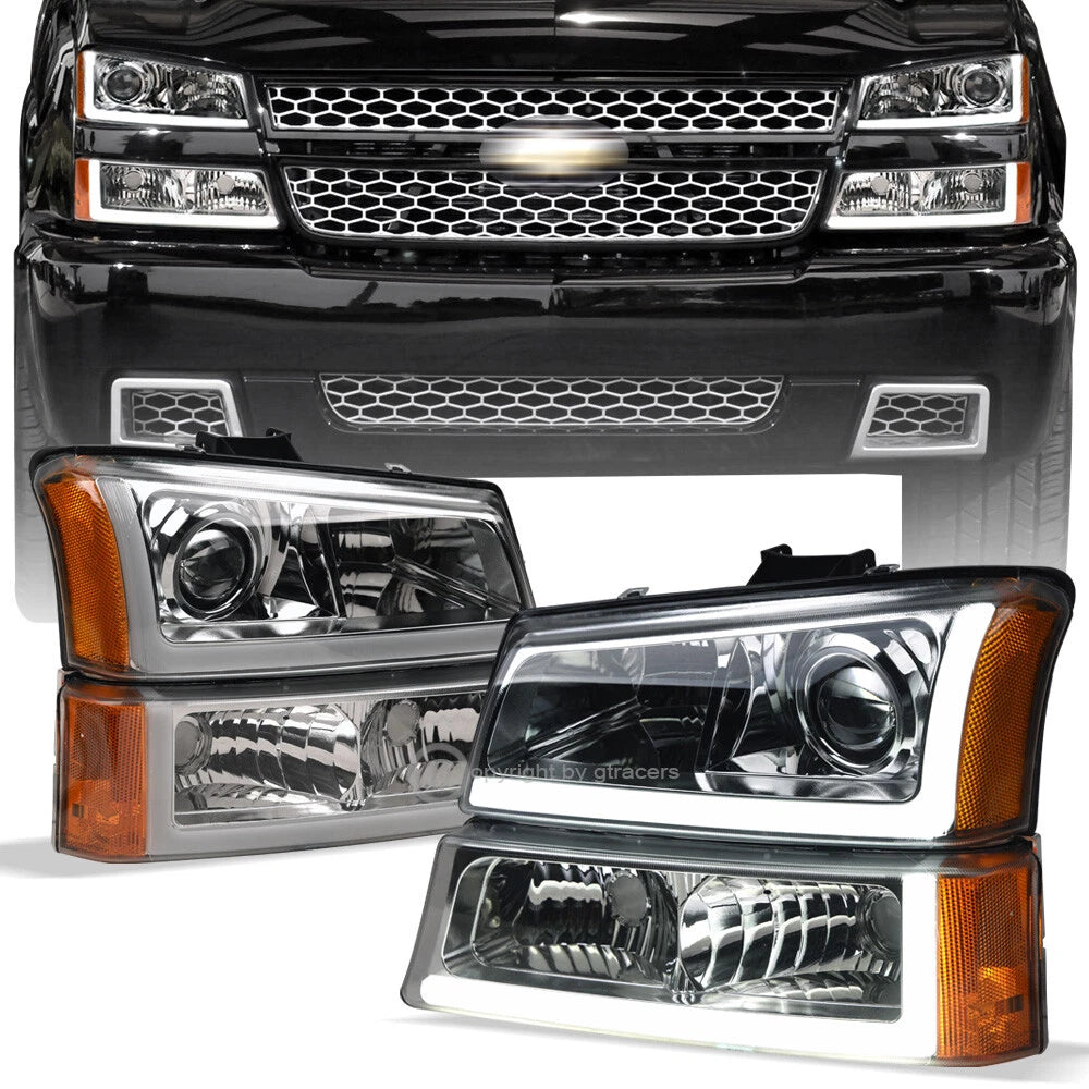 03-06 Silverado Chrome Full LED Projector Headlights+Bumper Amber w/Tube Bar