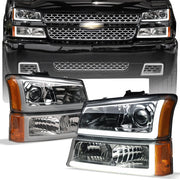 03-06 Silverado Chrome Full LED Projector Headlights+Bumper Amber w/Tube Bar