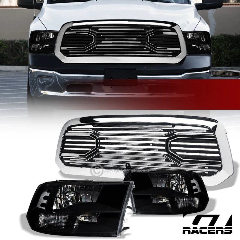 2013-2018 Dodge Ram 1500 Blk Quad Headlights nb+Chrome Big Horn Style Grille
