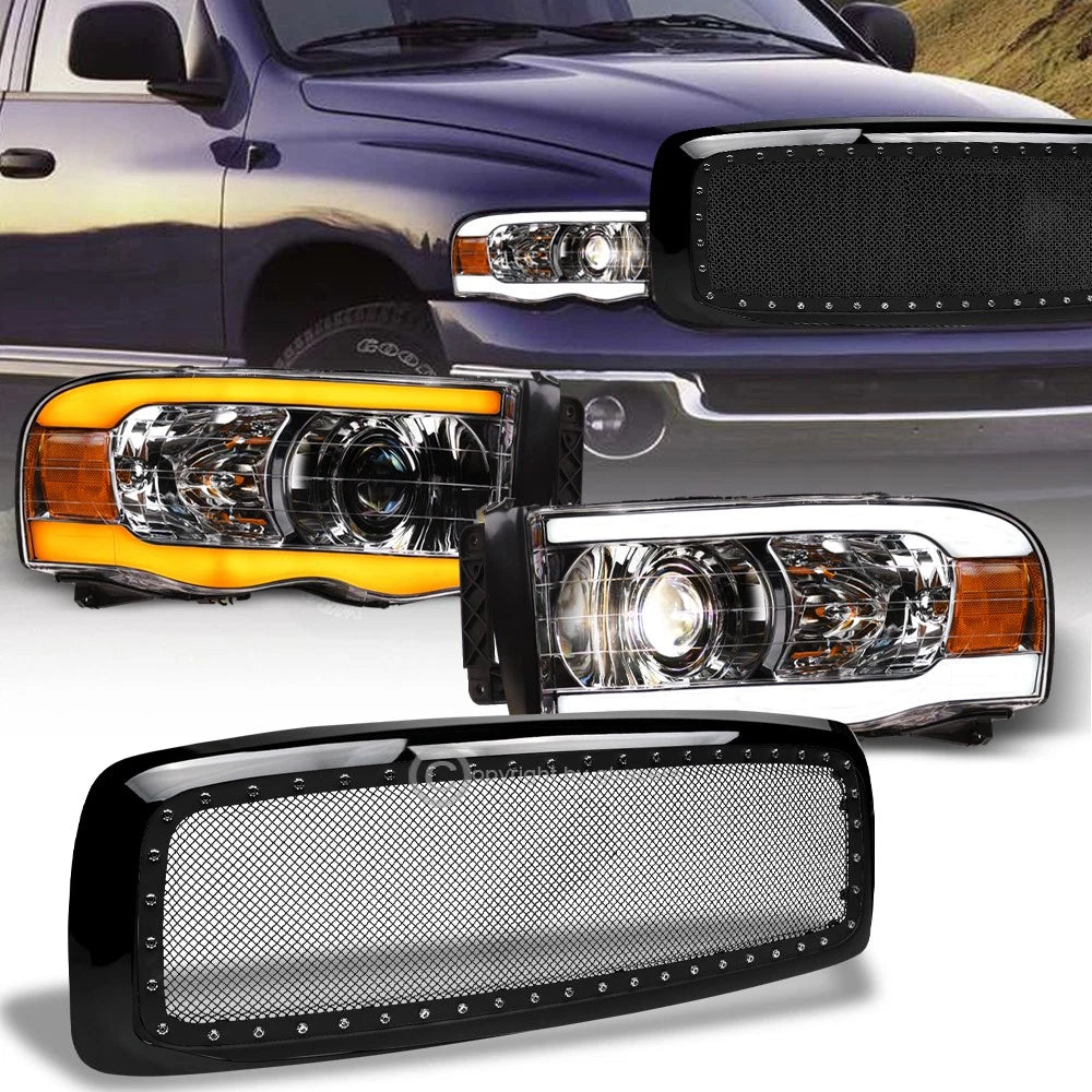 Switchback Sequential 02-05 Ram Chrome LED Pro Headlights+Blk Rivet M Grille