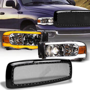 Switchback Sequential 02-05 Ram Chrome LED Pro Headlights+Blk Rivet M Grille