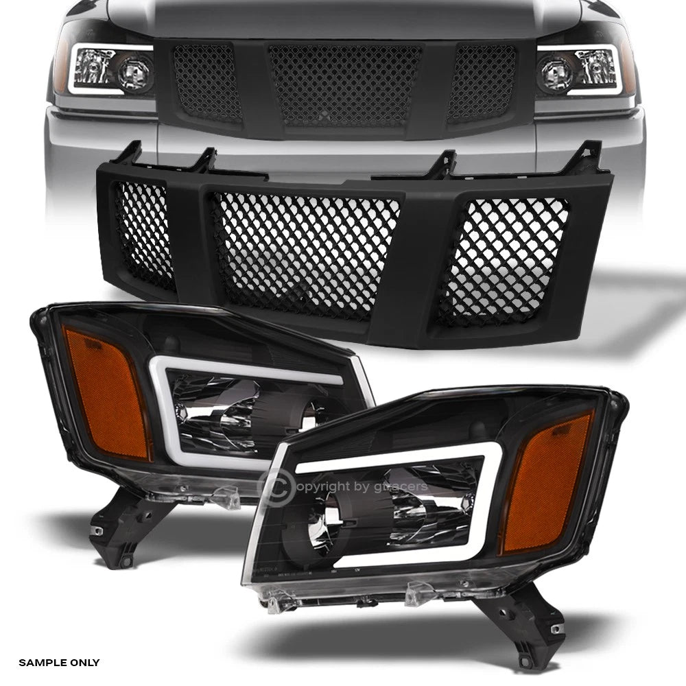2004-2007 Titan/Armada Black LED Tube Bar Headlights Amber+Matte Mesh Grille