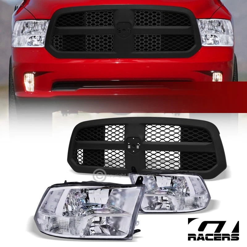 2013-2018 Ram 1500 Chrome Quad Headlights nb+Matte Blk Honeycomb Mesh Grille
