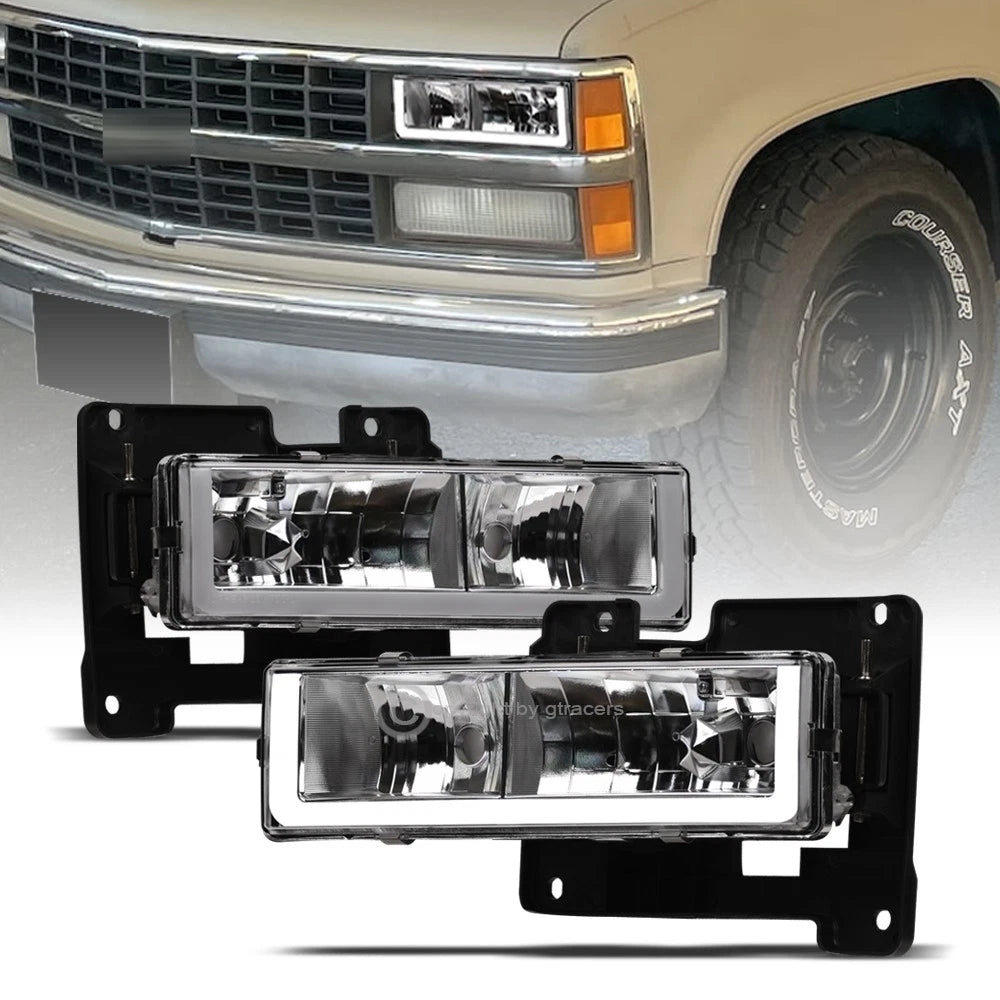 1988-2000 Chevy C10 C/K Silverado Chrome Crystal Headlights w/LED Tube Bar
