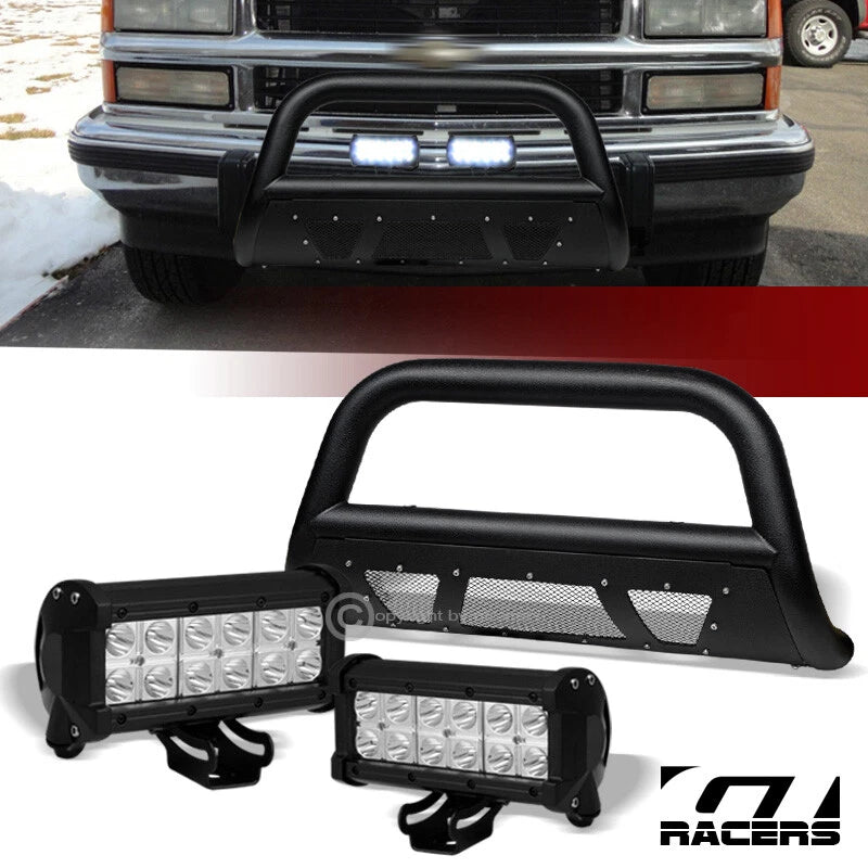 1988-2000 Chevy C10 C/K Textured Black Studded Mesh Bull Bar+36W LED Lights