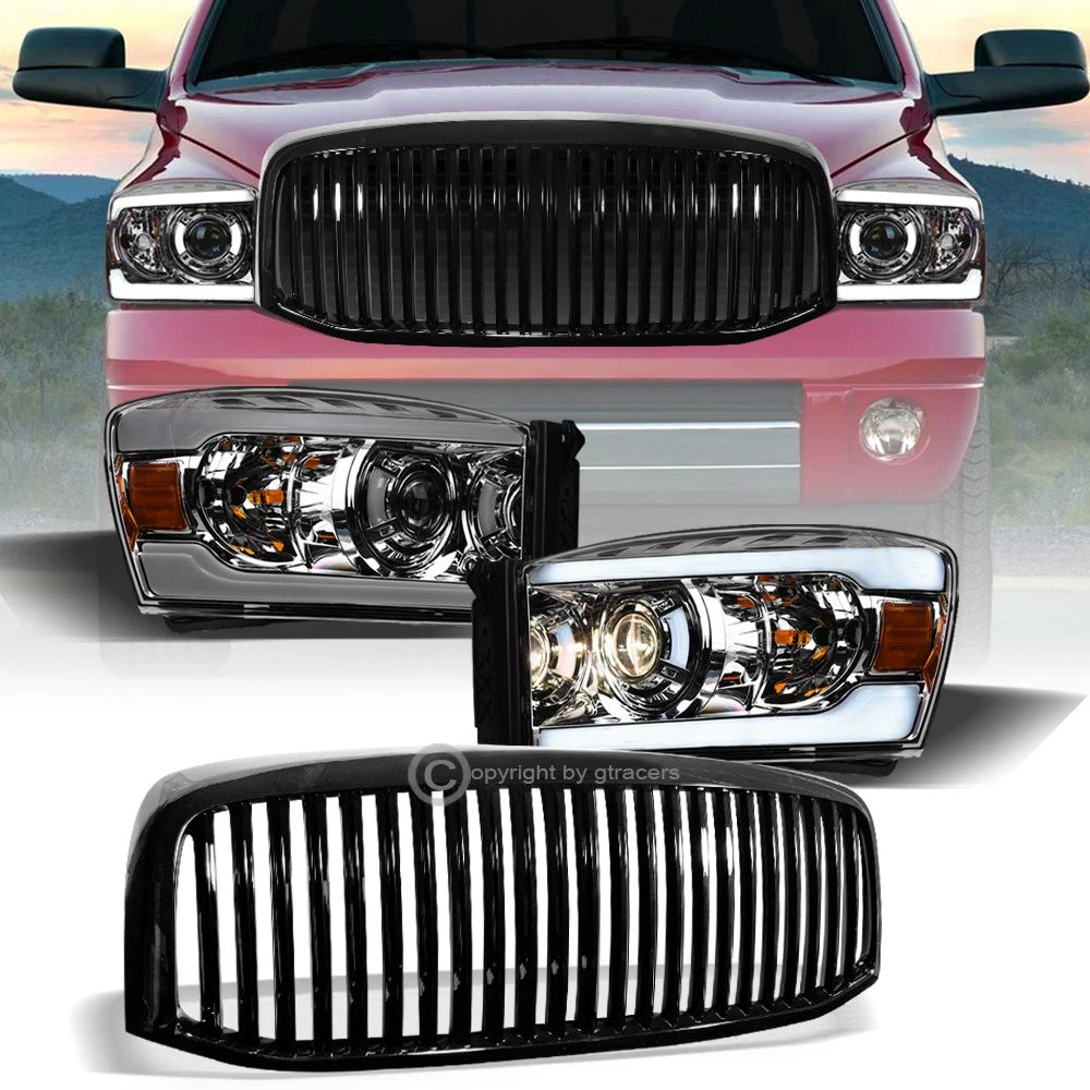 2006-2009 Ram Chrome LED Tube Projector Headlights Amber+Blk Vertical Grille