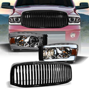2006-2009 Ram Chrome LED Tube Projector Headlights Amber+Blk Vertical Grille