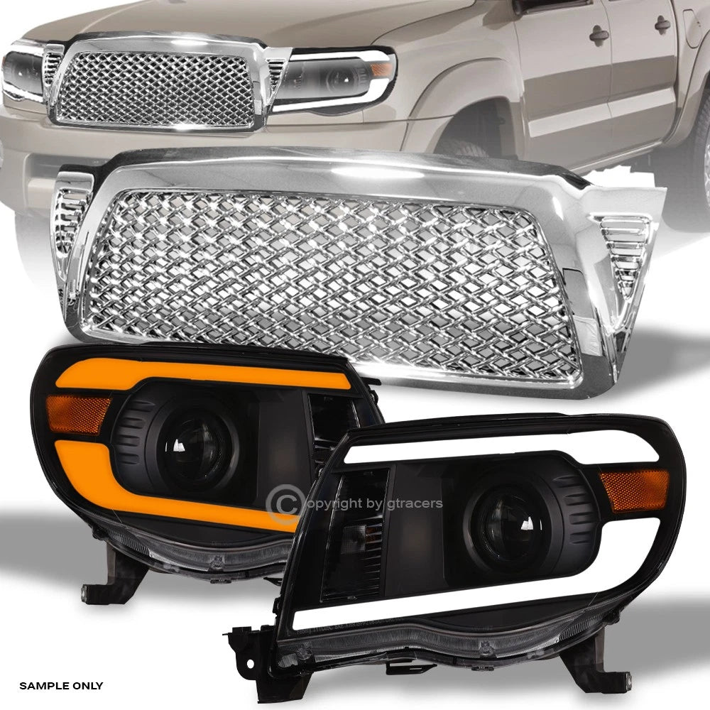 Switchback Sequential 05-11 Tacoma Blk LED Pro Headlights Am+Chrome M Grille