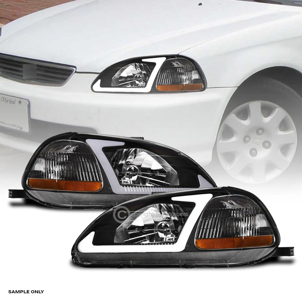 1996-1998 Honda Civic Blk Crystal Headlights Signal Amber w/DRL LED Tube Bar