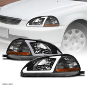 1996-1998 Honda Civic Blk Crystal Headlights Signal Amber w/DRL LED Tube Bar