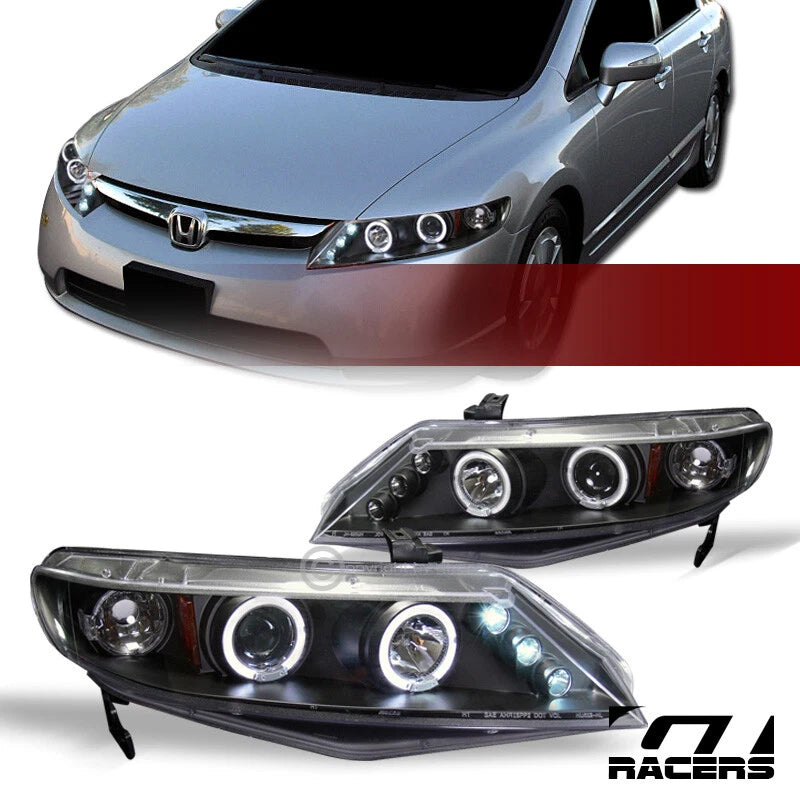 2006-2011 Honda Civic Sedan Black LED Halo Projector Headlights Signal Amber