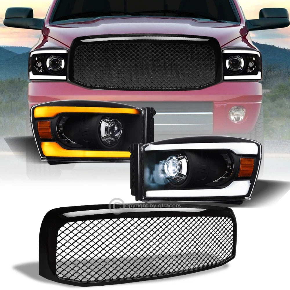 Switchback Sequential 06-09 Ram Blk Full LED Projector Headlights+Mesh Grill