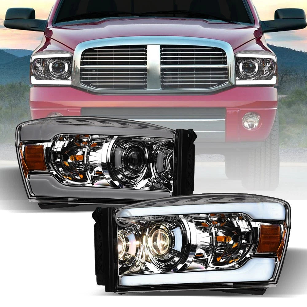 2006-2009 Dodge Ram Chrome Projector Headlights Signal Amber w/LED Tube Bar