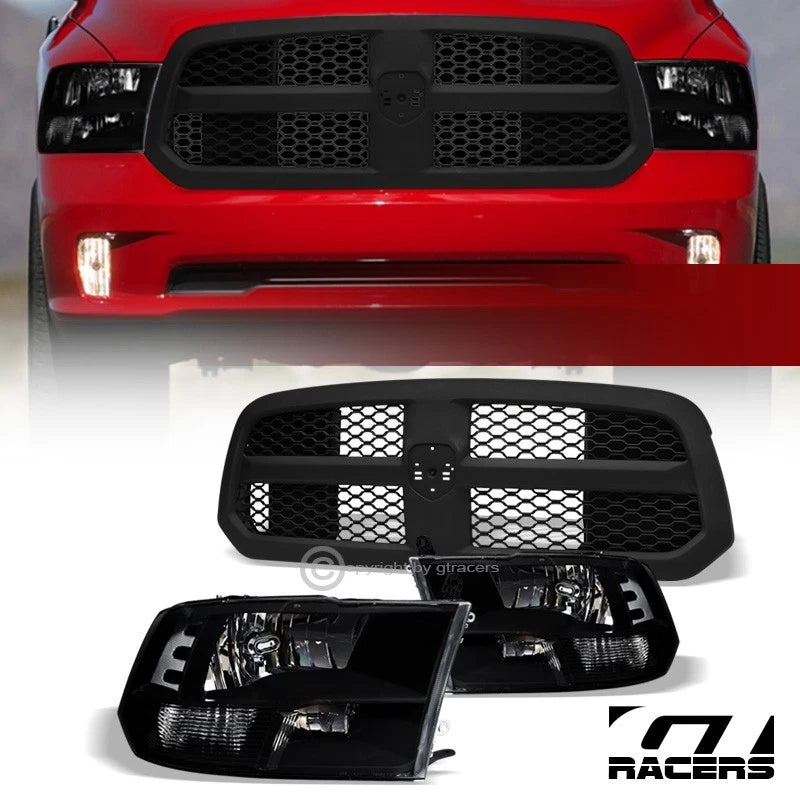 2013-2018 Ram 1500 Black Quad Lamp Headlights nb+Matte Honeycomb Mesh Grille