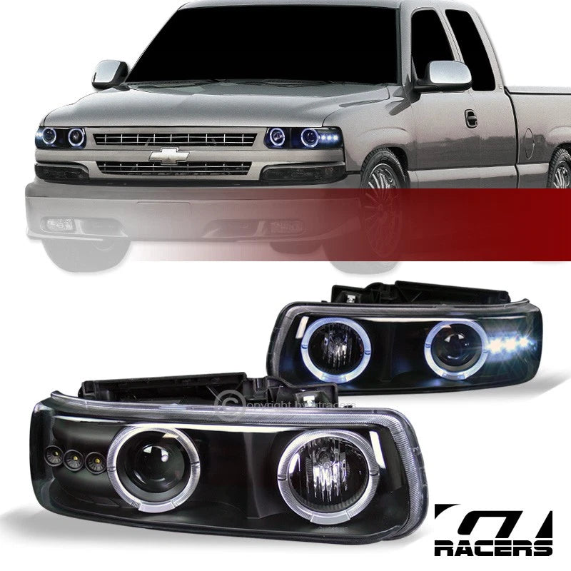 1999-2002 Silverado/2000+ Tahoe/Suburban Black LED Halo Projector Headlights
