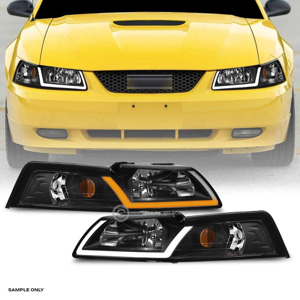Switchback Sequential 1999-2004 Ford Mustang Black Headlights w/LED Tube Bar
