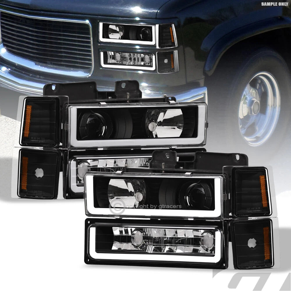 1994-2000 Chevy C10 C/K Black Projector Headlights+Corner+Bumper w/LED Tube