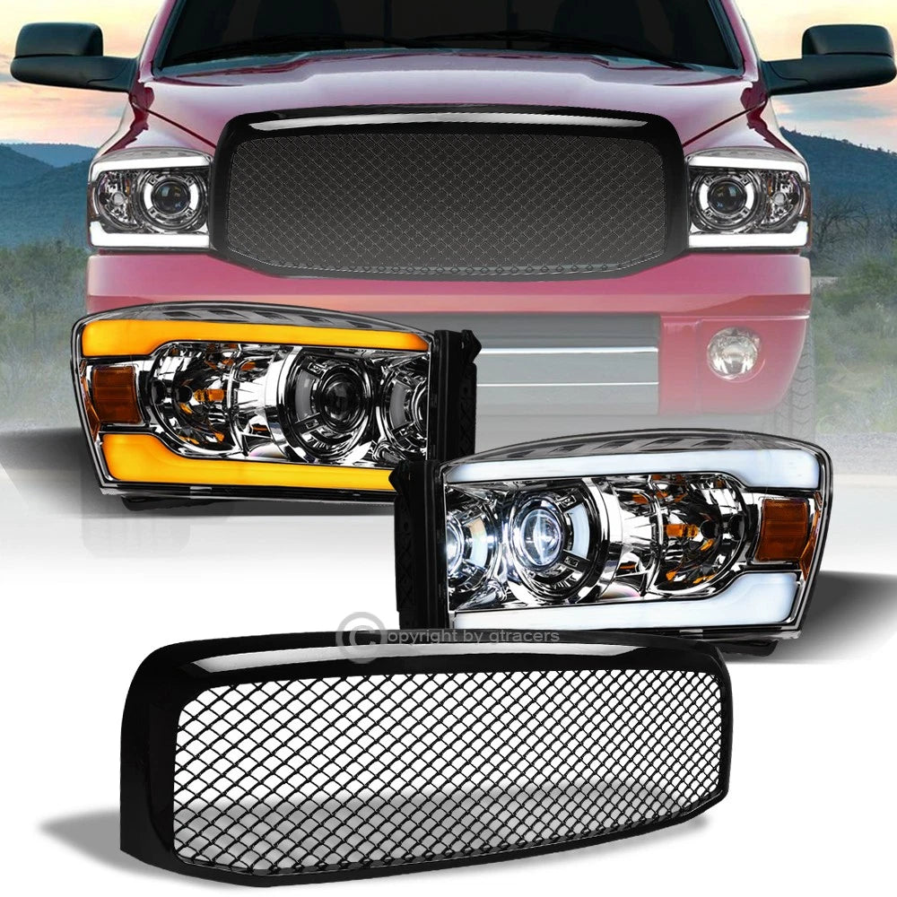 Switchback Sequential 06-09 Ram Chrome Full LED Pro Headlights+Blk M Grille