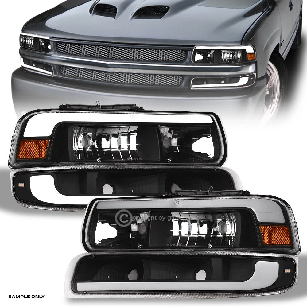 1999-2002 Silverado/2000-2006 Suburban/Tahoe Blk Headlights+Bumper w/LED Bar