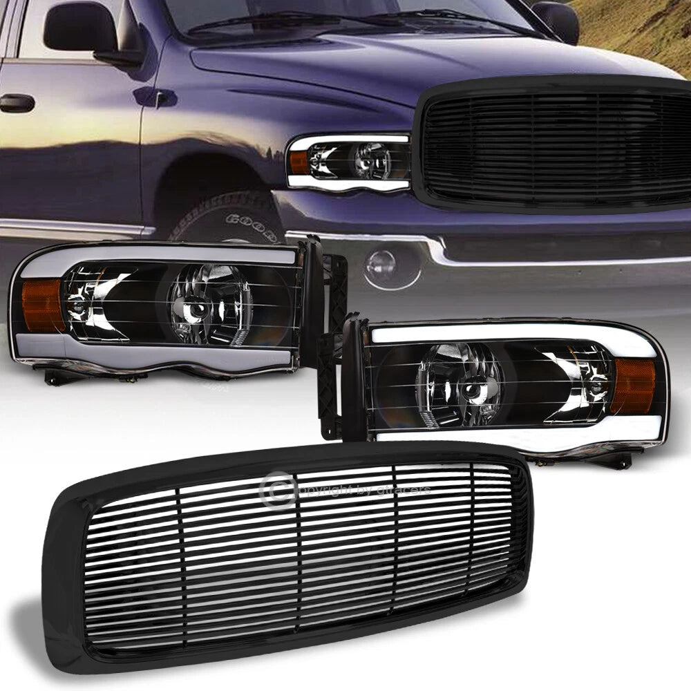 2002-2005 Dodge Ram Black LED Tube Headlights Amber+Horizontal Front Grille