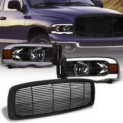 2002-2005 Dodge Ram Black LED Tube Headlights Amber+Horizontal Front Grille
