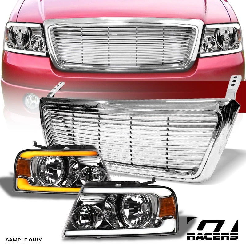 2004-2008 F150 Chrome Sequential LED Tube Headlights Amber+Horizontal Grille