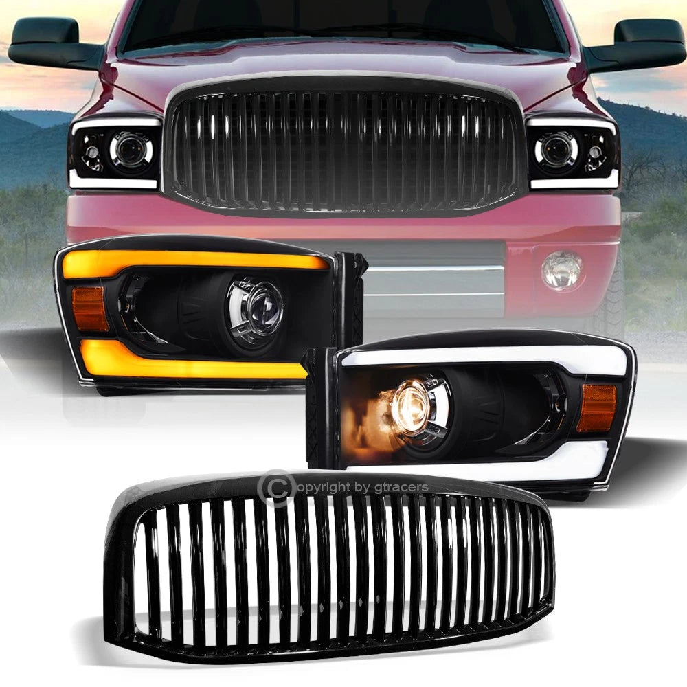 Switchback Sequential 2006-2009 Ram Blk LED Bar Projector Headlights+V Grill