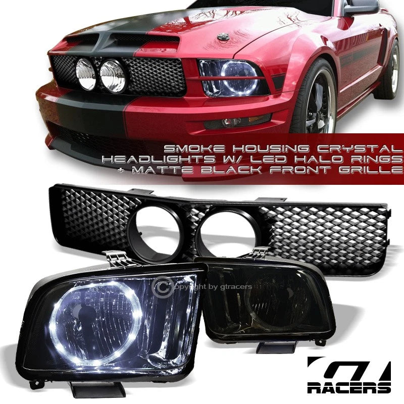 Smoke Led Halo Headlights Nb+Matte Black Mesh Grille 05-09 Ford Mustang Gt