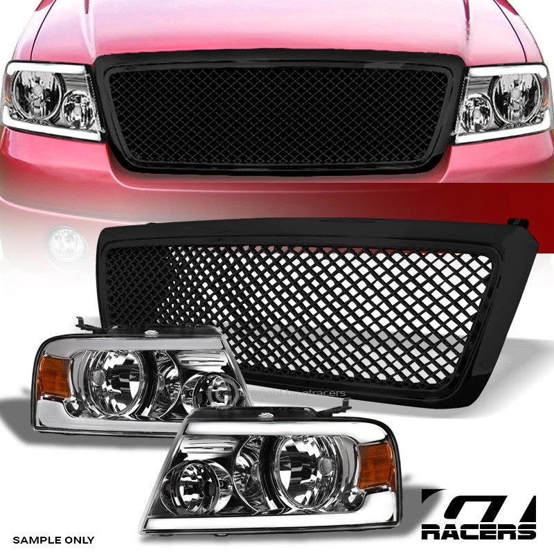 2004-2008 F150 Chrome LED Tube Bar Headlights Signal Amber+Black Mesh Grille