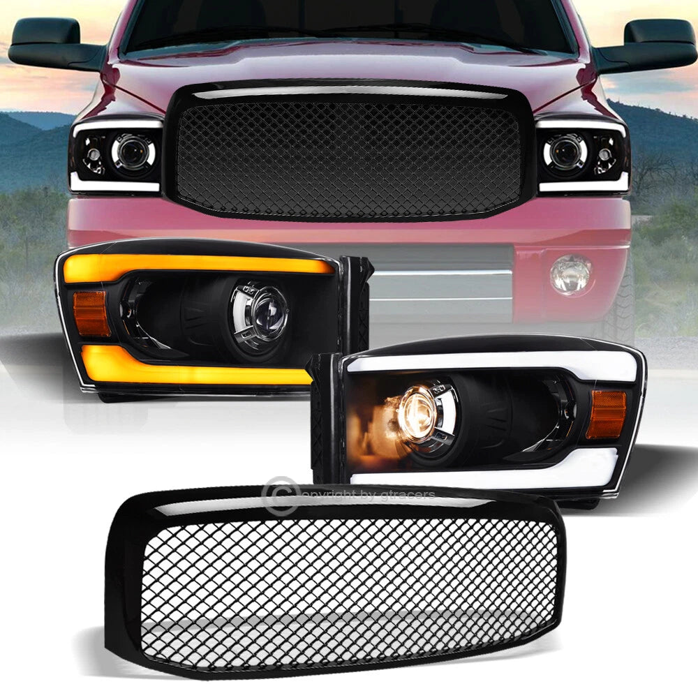 Switchback Sequential 2006-2009 Ram Blk LED Projector Headlights+Mesh Grille