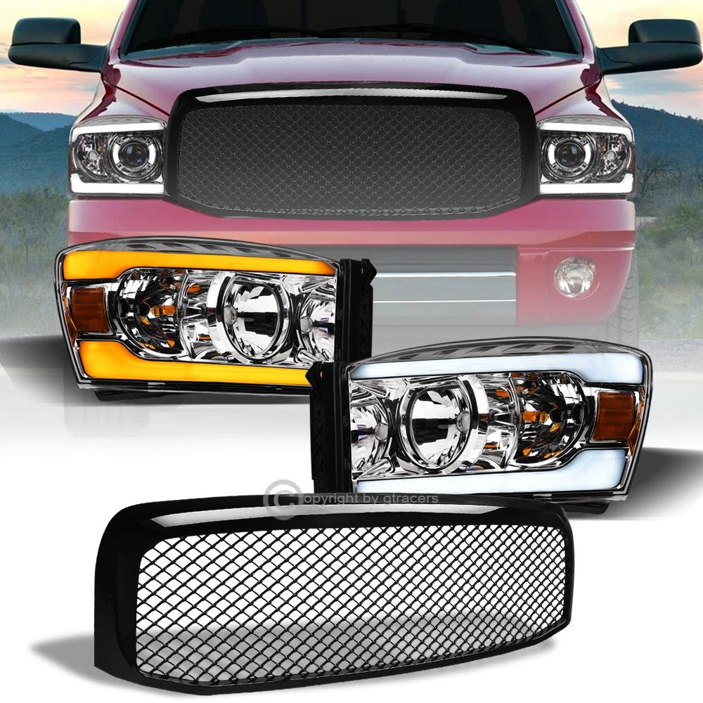 Switchback Sequential 06-09 Ram Chrome LED Bar Headlights Amber+Blk M Grille