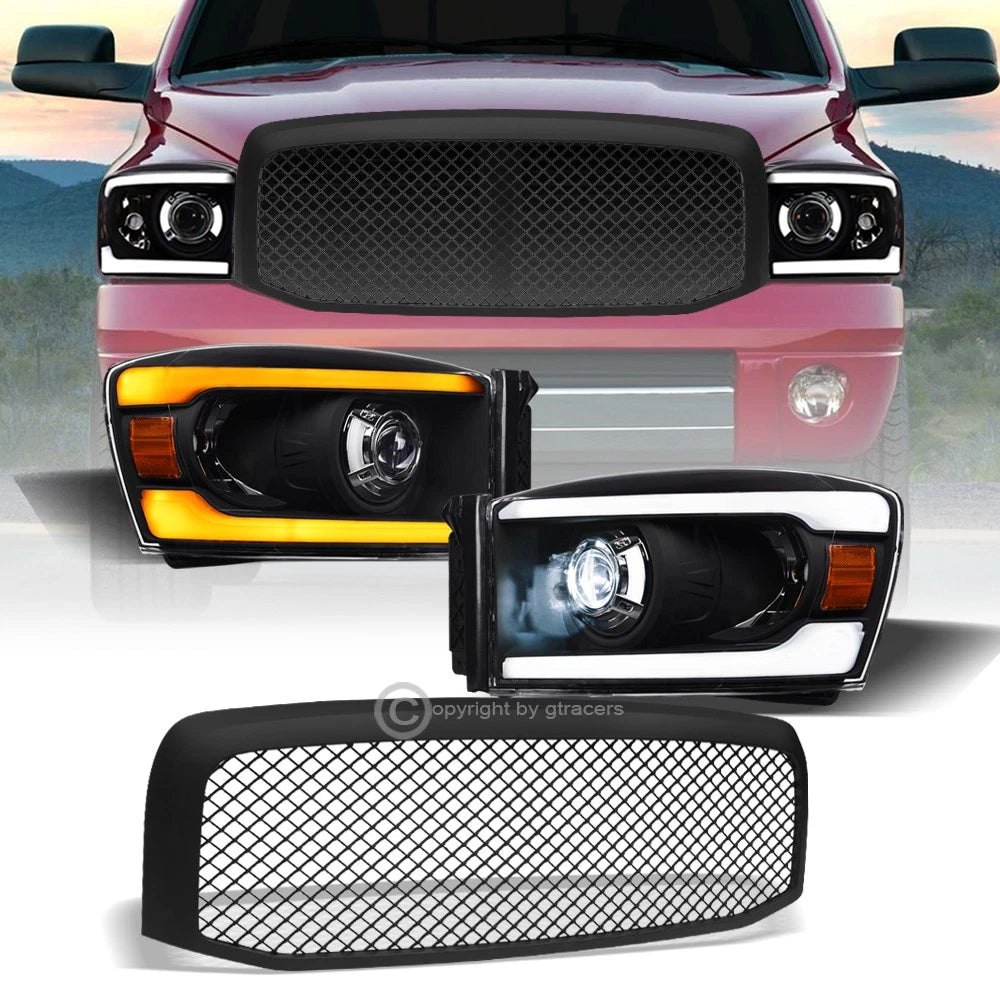 Switchback Sequential 06-09 Ram Blk Full LED Pro Headlights+Matte Mesh Grill