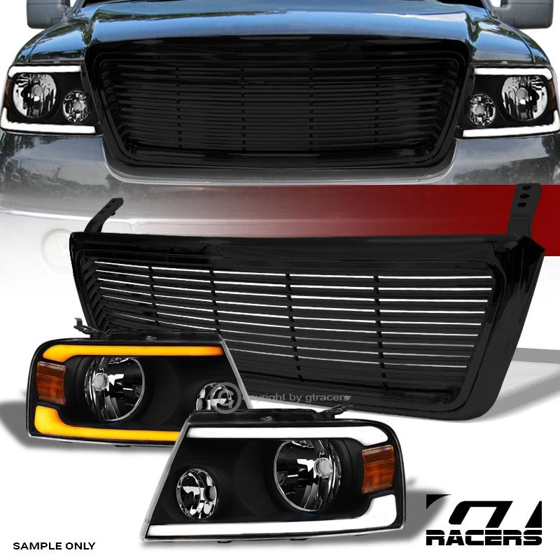 2004-2008 F150 Black Sequential LED Tube Bar Headlights Am+Horizontal Grille