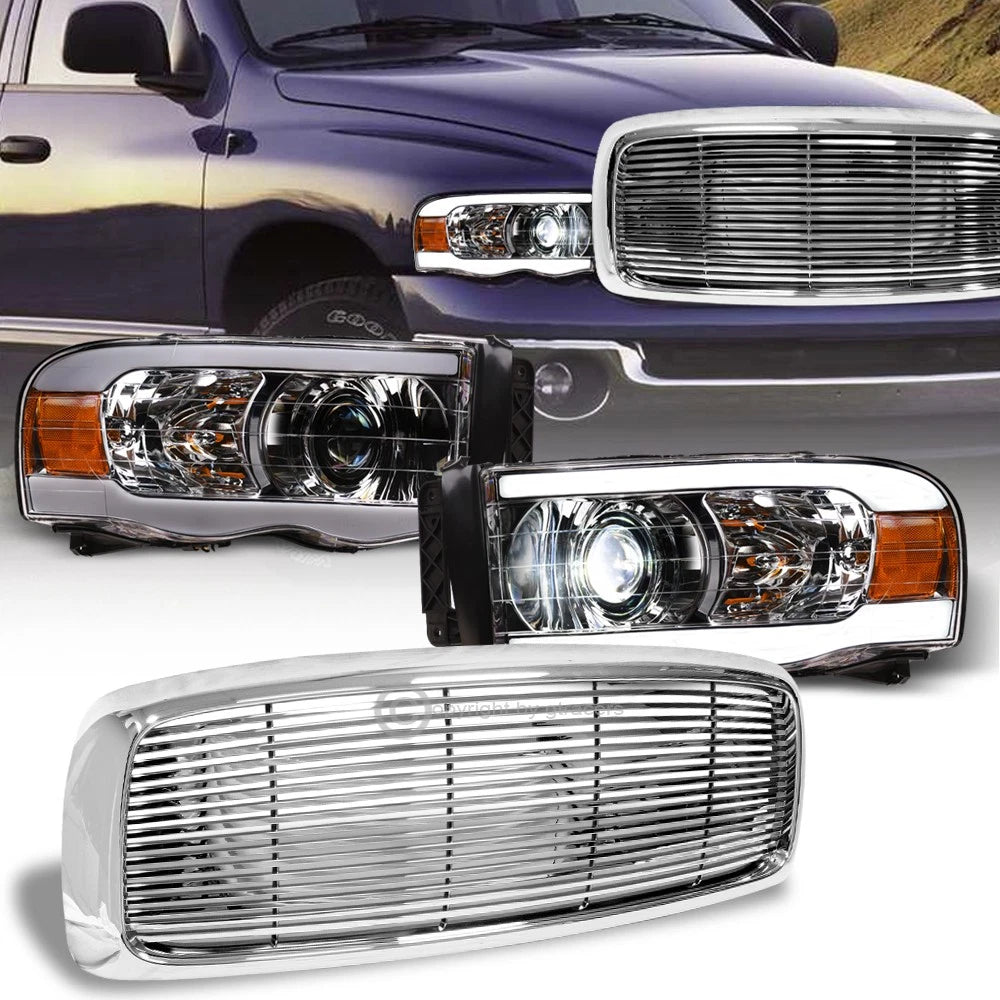 2002-2005 Ram Chrome Full LED Tube Projector Headlights Am+Horizontal Grille