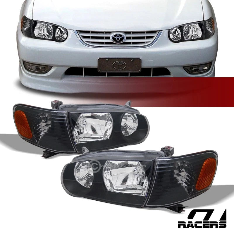2001-2002 Toyota Corolla Black Housing Headlights Signal Corner Amber 4Pc K2