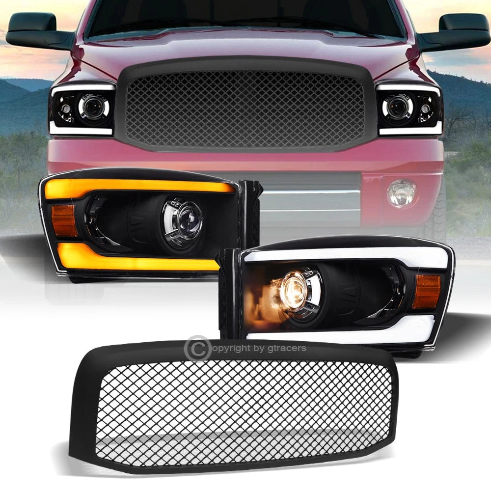 Switchback Sequential 06-09 Ram Blk LED Bar Pro Headlights+Matte Mesh Grille