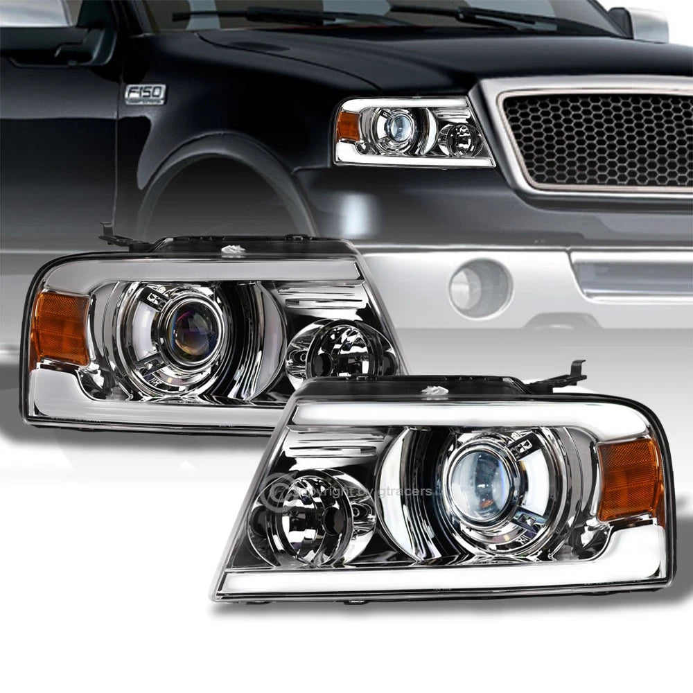 2004-2008 F150/Mark LT Chrome Full LED Projector Headlights Amber w/Tube Bar
