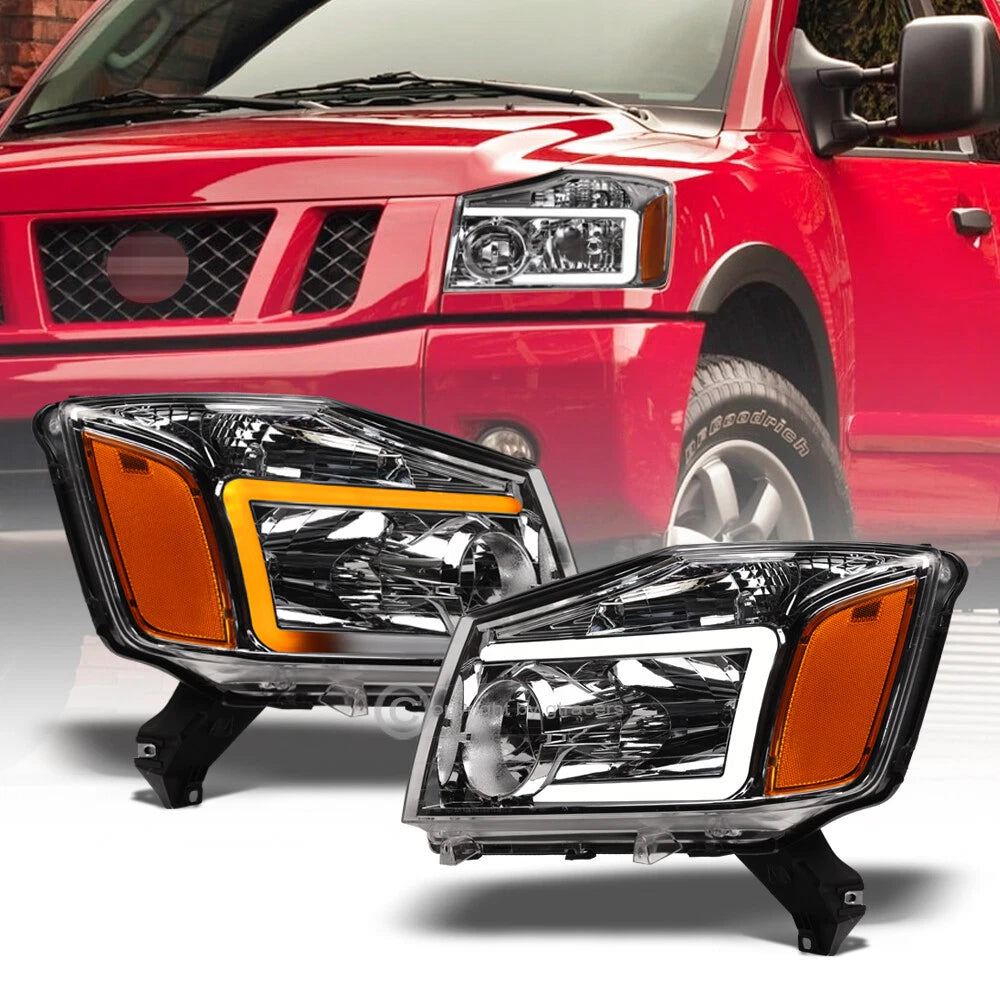 Switchback Sequential 2004-2015 Titan Chrome Headlights w/DRL LED Tube Bar