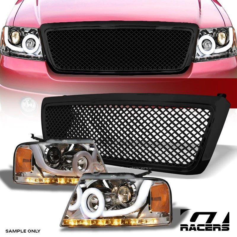 04-08 F150 Chrome Halo Sequential LED Bar Projector Headlights A+Blk M Grill