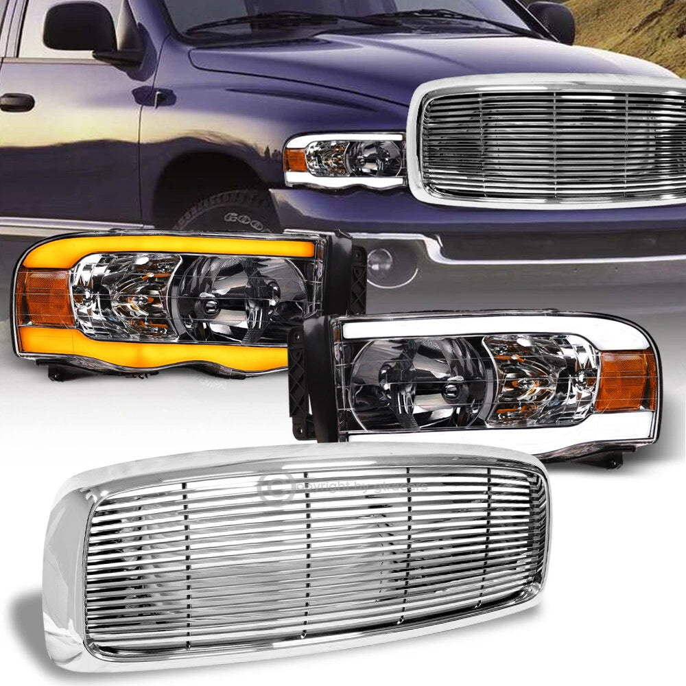 Switchback Sequential 02-05 Ram Chrome LED Bar Headlights A+Horizontal Grill