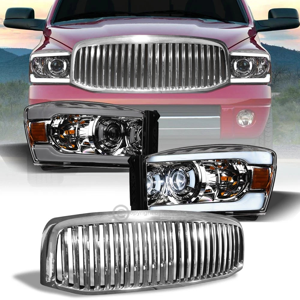 2006-2009 Ram Chrome Full LED Tube Projector Headlights Amber+Vertical Grill