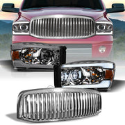 2006-2009 Ram Chrome Full LED Tube Projector Headlights Amber+Vertical Grill