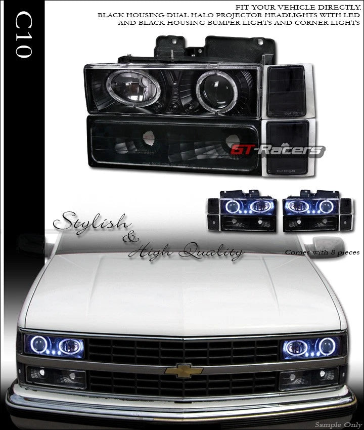 Black Led Projector Headlights+Bumper+Corner Lamp K2 94-99 GMC C10 C/K Truck